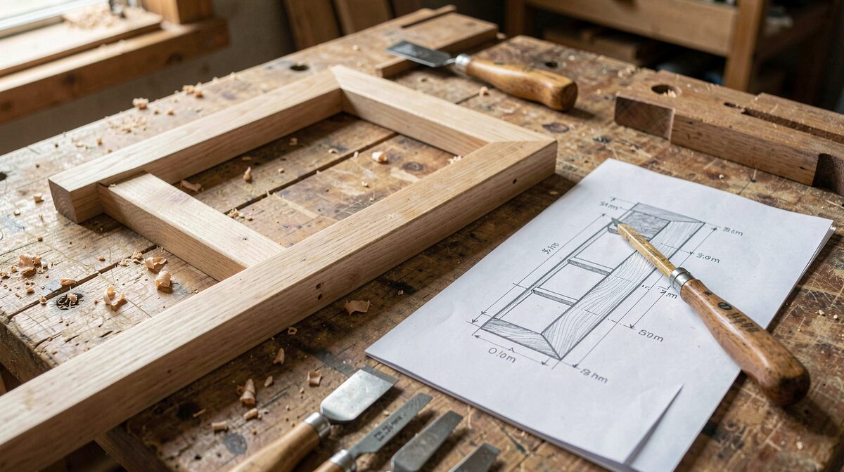 A joiner's workshop bench in daylight, with a dimensioned pencil drawing in millimetres beside a half-assembled oak frame, chisels laid out, shot from above at close range.