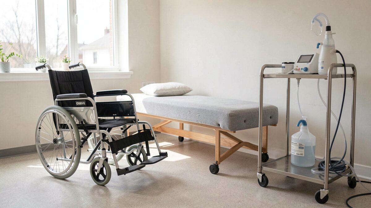 A treatment room in daylight, a height-adjustable couch set beside a manual wheelchair, a stainless steel equipment trolley with a nebuliser and suction unit parked at the working side, clear floor space visible between them.