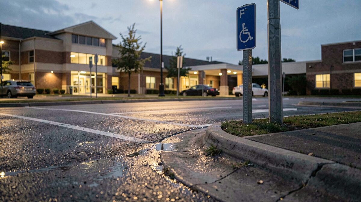 A hospital drop-off bay at dusk, a dropped kerb flush with the road, a wet tarmac surface reflecting a canopy light, a wheelchair-accessible sign on a post, shot from a low angle at the kerb line.