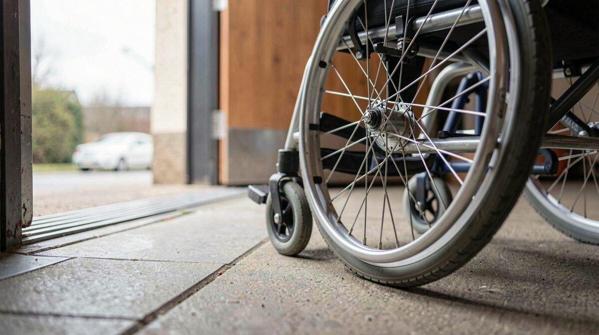 A wheelchair user's front wheel resting against a 20 mm threshold lip at a building entrance, low camera angle at floor level, overcast daylight from the open doorway.