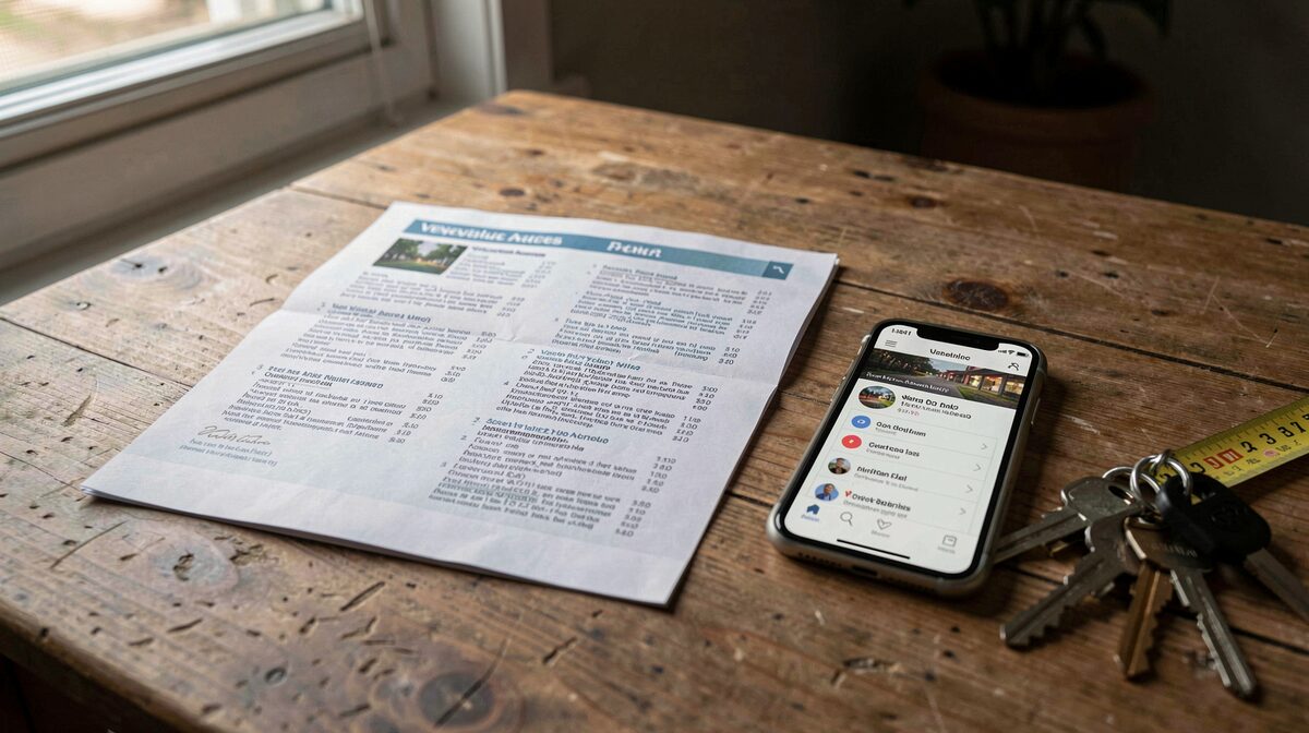 A printed season programme lying open on a wooden table beside a smartphone showing a venue's access page, with a door-width tape measure and a set of keys at the edge of the frame, lit by low afternoon light from a window on the left.