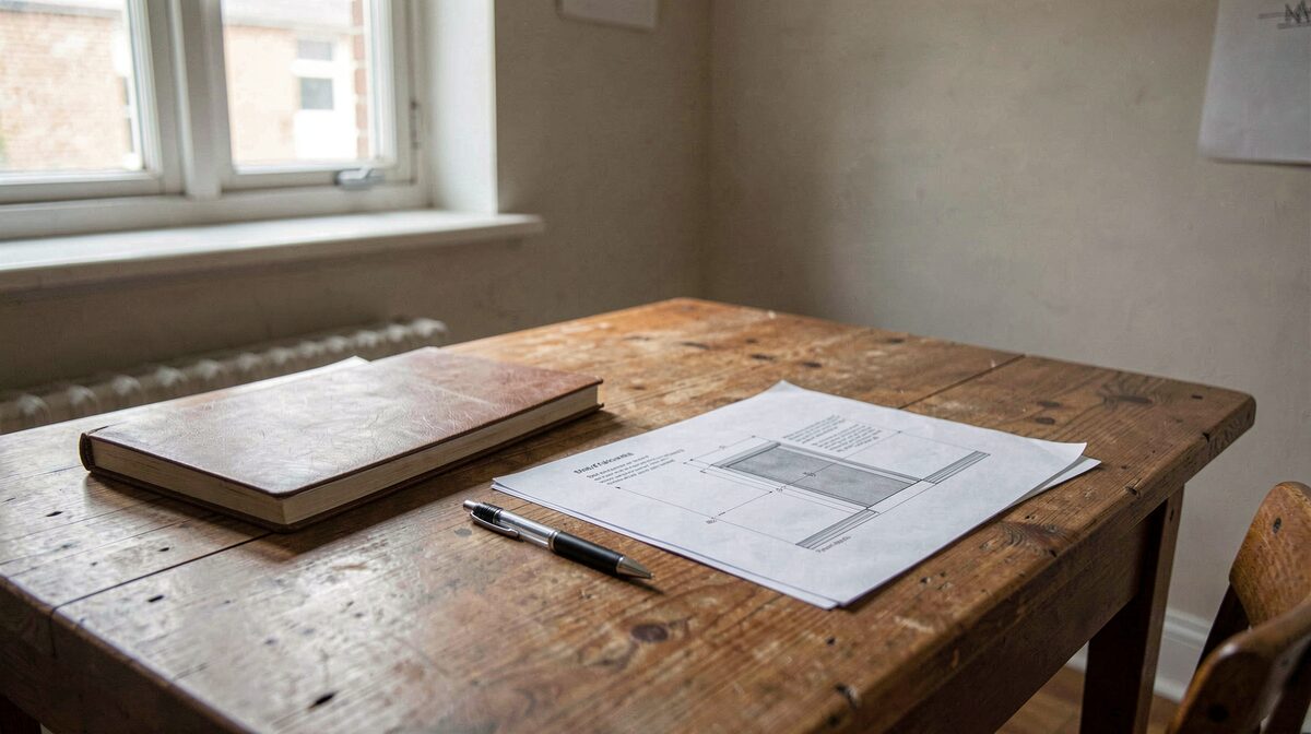 A wooden desk in a small editorial office, lit by a single window, with a closed notebook, a pen, and a printed page showing a measured doorway, shot from a slight angle at mid-morning.